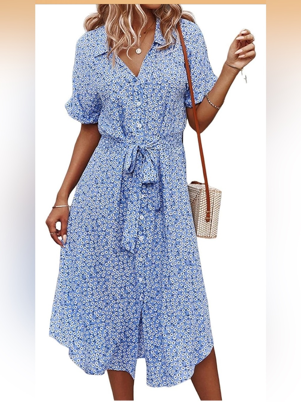 Blue Floral Button Front Midi Dress Smocked Waist Tie Short Sleeve Size Small
